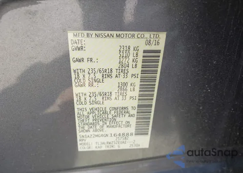 2016 Nissan Murano Sl z USA, uszkodzony, nr VIN 5N1AZ2MG4GN164888